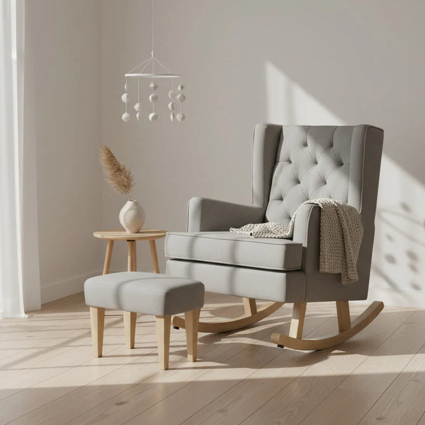 Johnston's Soothe Easy Deluxe Nursing Chair & Rocker with Foot Stool, Grey / Beechwood - Image 10